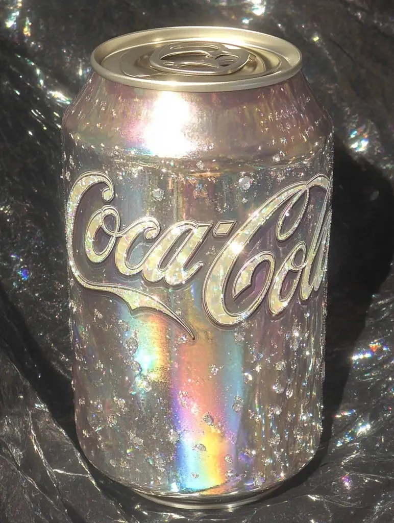 A Coca-Cola can, iridescent and shimmering, is the focus of the image.  The can's surface displays a holographic effect, with rainbow colors reflecting off what appears to be a glittery or textured finish. Water droplets or a similar effect are visible on the can. The background is a dark, somewhat reflective surface, enhancing the can's sparkly appearance. The overall aesthetic is glamorous and ethereal.