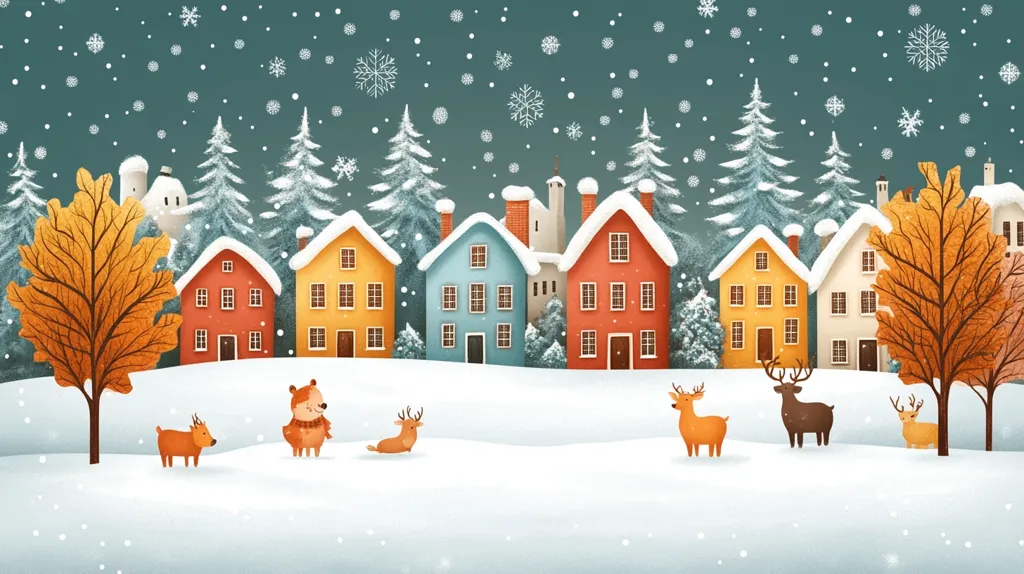 A charming winter village scene unfolds under a softly falling snow.  Colorful houses, topped with snow, line a snow-covered hill.  Two bare, orange-leafed trees flank the scene, adding a touch of autumnal warmth.  In the foreground, adorable woodland creatures – deer and a bear – frolic in the fresh snow, creating a peaceful and festive atmosphere. The overall style is whimsical and inviting, perfect for a holiday card.