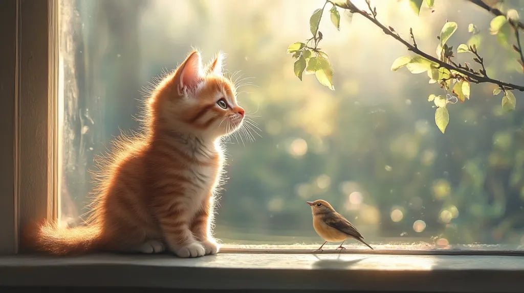 Here's a description of the image:

A fluffy ginger kitten sits on a windowsill, bathed in the warm glow of sunlight streaming through a window. Its gaze is directed towards a small, brown bird perched on the sill beside it.  The background is softly blurred, showing a branch with delicate spring leaves and a bokeh effect suggesting a garden setting. The overall mood is peaceful and serene, capturing a moment of quiet observation between the kitten and the bird. The scene is idyllic and evokes feelings of warmth and tranquility.