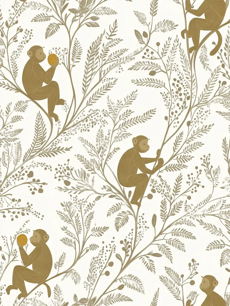 Here's a description of the image:

The image shows a repeating pattern of stylized monkeys perched on leafy branches against a white background. The monkeys are depicted in a muted gold or beige color, with simple, almost childlike features.  They are shown in various poses, some sitting, some climbing. The branches are detailed with small leaves and berries, creating a delicate, botanical effect. The overall style is reminiscent of vintage wallpaper or fabric prints, with a sophisticated yet whimsical feel. The color palette is muted and elegant, creating a calming and sophisticated aesthetic.