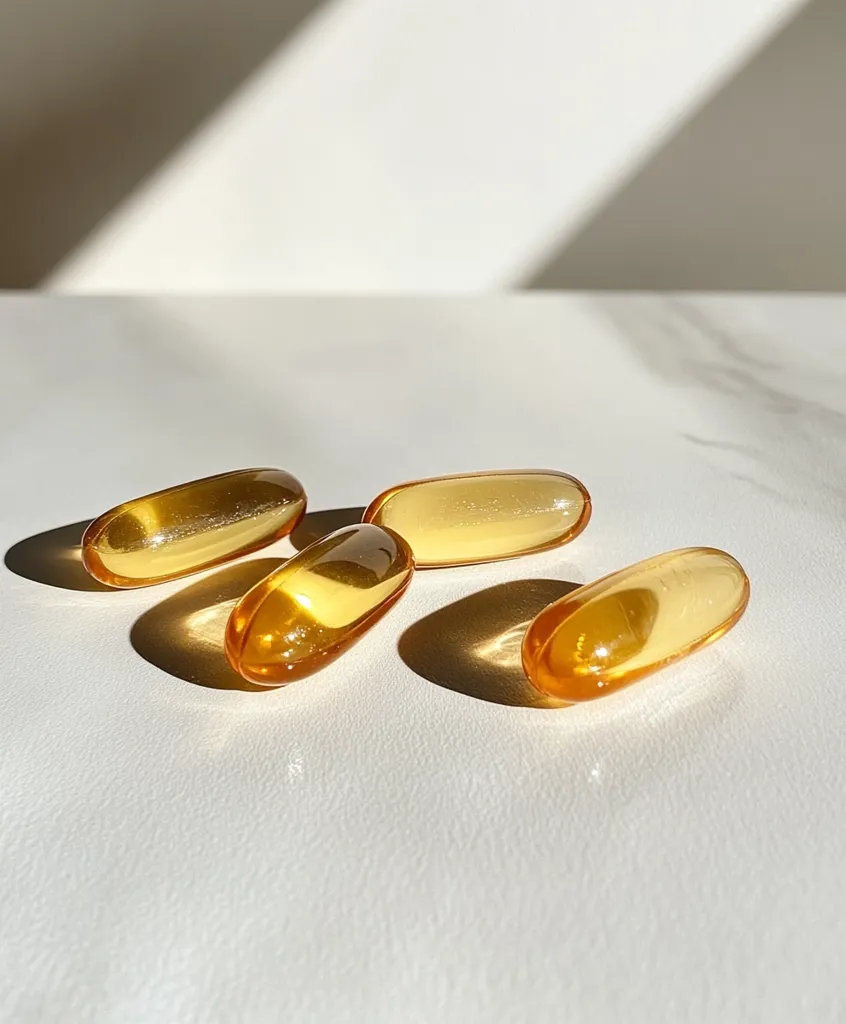 Four amber-colored softgel capsules rest on a white surface, bathed in sunlight.  The capsules, likely containing oil-based supplements like fish oil or vitamin E, cast subtle shadows. The minimalist setting emphasizes the smooth, translucent quality of the pills and their rich, golden hue. The overall impression is one of health and wellness.