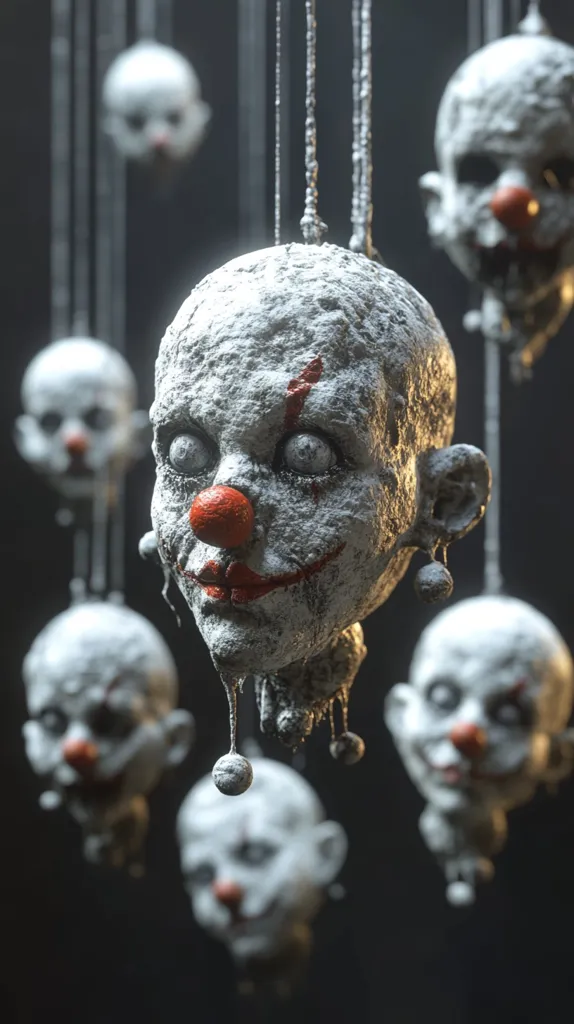 The image shows a cluster of unsettling clown heads, seemingly made of decaying, dusty material.  They hang from strings, dripping a viscous substance, creating a macabre mobile.  Each head features exaggerated features, including large eyes and a smeared red clown nose and mouth, enhancing their disturbing appearance. The dark background emphasizes the eerie, unsettling nature of the scene. The overall effect is one of morbid fascination and unease.