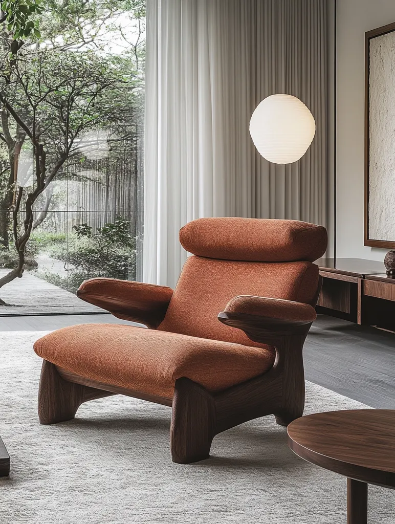 A burnt orange armchair with dark wood legs and arms sits on a light gray rug in a minimalist room.  Large windows offer a view of a tranquil garden.  Sheer white curtains frame the windows, and a simple, round, white pendant light hangs from the ceiling. A dark wood side table is partially visible in the foreground. The overall aesthetic is serene and modern.