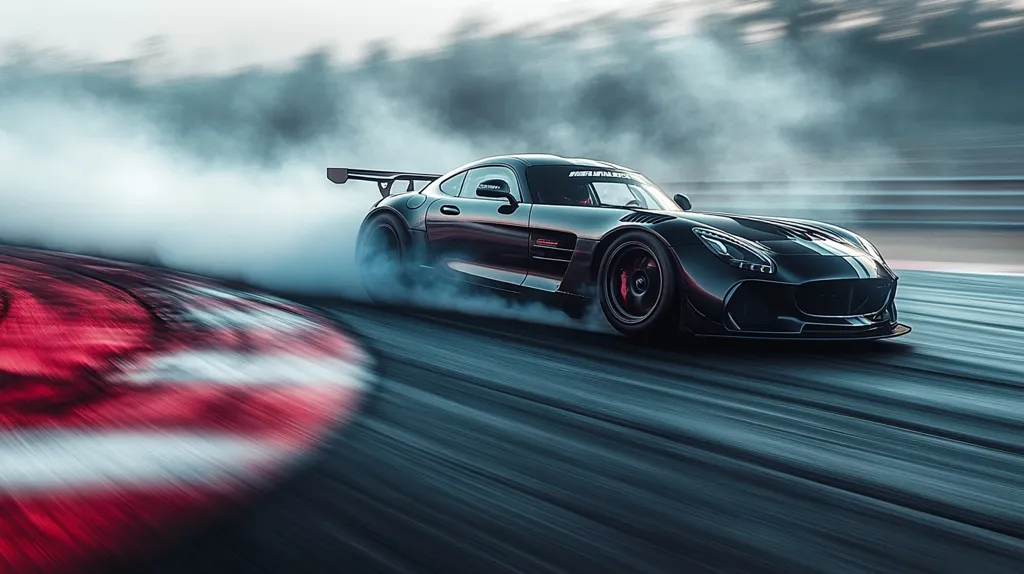 Here's a description of the image:

A sleek, black sports car, possibly a Mercedes-AMG GT R, executes a dramatic drift on a race track.  The car is surrounded by a cloud of tire smoke, emphasizing its speed and controlled maneuver. The motion blur of the track and a partially visible red and white blurred car in the foreground further enhances the sense of high velocity. The overall mood is one of dynamic action and thrilling automotive performance. The background is slightly blurred, focusing attention on the car and its drifting action.