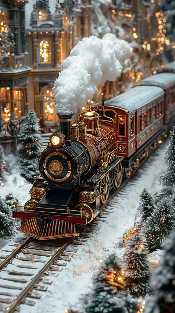 A beautifully detailed model train, ornate in gold and dark red, chugs through a snowy winter village.  Smoke billows from its stack, adding to the festive atmosphere.  The miniature town, complete with charming buildings and snow-dusted evergreens, glows warmly with twinkling lights. The scene evokes a classic, enchanting Christmas setting.