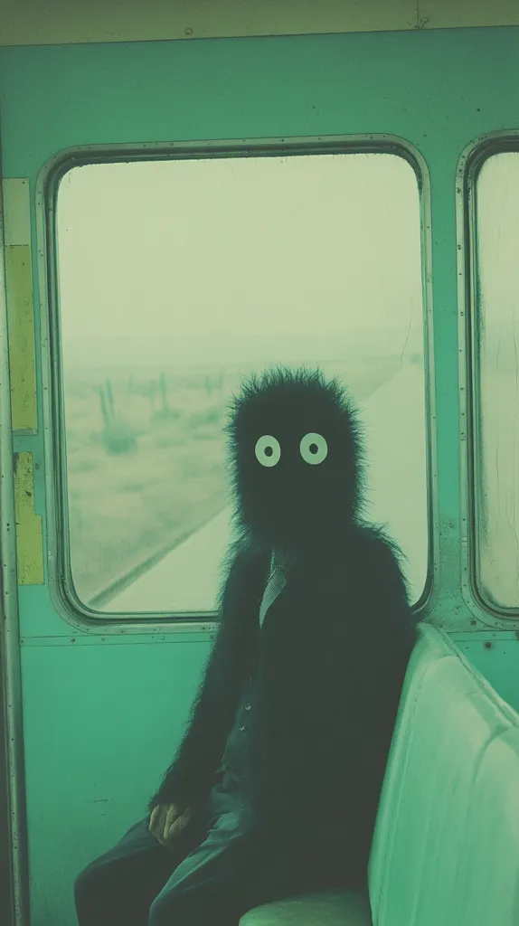 Here's a description of the image:

The photograph shows a person on a public transit vehicle, possibly a bus or train. The individual is shrouded in a dark, fuzzy, almost creature-like coat that obscures their face except for two large, round, white eyes visible through the fur. The coat resembles a stylized, furry character. The vehicle's interior is a muted teal green, and the windows reveal a blurred, somewhat desolate landscape outside.  The overall mood is mysterious and slightly surreal.