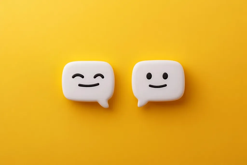 Two white, speech bubble-shaped objects sit against a vibrant yellow background. Each bubble displays a simple black-outlined smiley face; one with closed eyes, expressing contentment, and the other with open eyes, showing a cheerful smile.  The scene is minimalist and conveys a positive, communicative message. The image suggests happiness, agreement, or positive feedback.