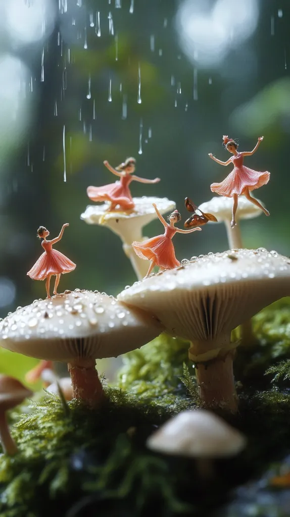 Tiny ballerina figurines, dressed in pale pink, dance atop a cluster of mushrooms in a whimsical scene. Rain gently falls, creating a magical atmosphere in a lush, green forest setting.  The mushrooms are various sizes, and the ballerinas' delicate poses contrast with the damp, mossy ground beneath.  The overall image is enchanting and evokes a sense of fantasy.