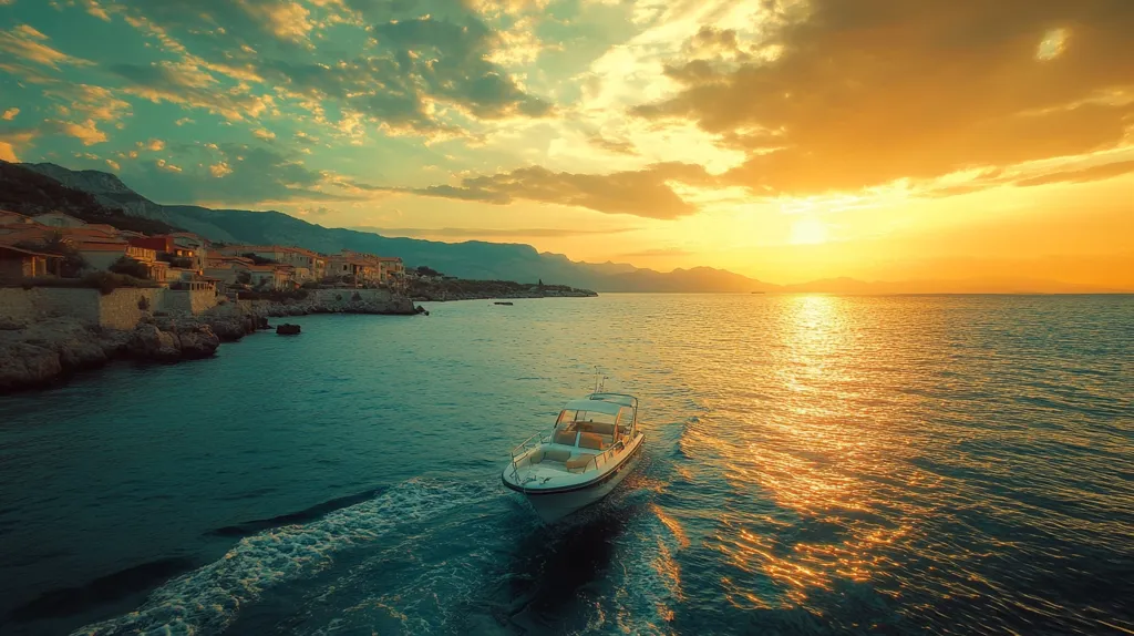 A picturesque sunset bathes a coastal town in warm golden light.  Low-lying buildings, nestled against rocky shores, line the calm turquoise water. A white motorboat glides peacefully across the sea, leaving a gentle wake.  The dramatic sky, a mix of fiery orange and soft teal, creates a stunning backdrop to this idyllic Mediterranean scene.  The mountains in the distance add depth and tranquility to the composition.