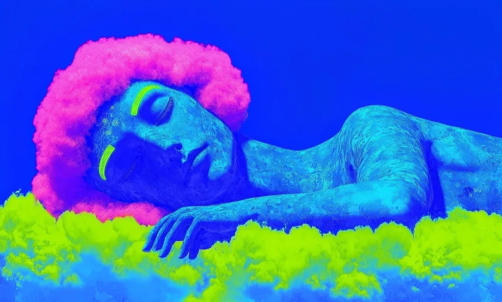 The image is a surreal, digitally altered depiction of a person sleeping.  They have vibrant pink, cloud-like hair and bright blue skin with a textured, almost stone-like appearance.  Lime green clouds form a bed beneath them.  Neon green markings adorn their face. The overall effect is dreamlike and otherworldly, with a striking contrast of colors and textures.  The figure appears serene and peaceful in their slumber.
