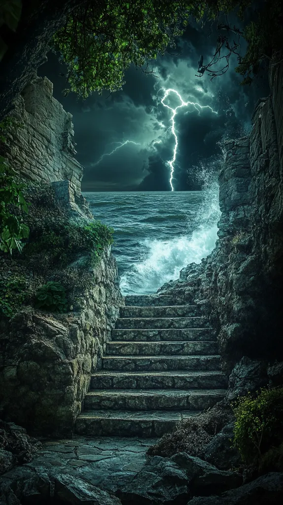 A stone staircase descends towards a stormy sea under a dramatic, lightning-filled sky.  Overhanging trees frame the scene, adding to the mysterious and somewhat ominous atmosphere.  The rough-hewn stone walls flanking the stairs suggest age and perhaps abandonment.  Waves crash against the rocky shore, emphasizing the power of nature against the man-made structure. The overall image evokes feelings of both wonder and unease.