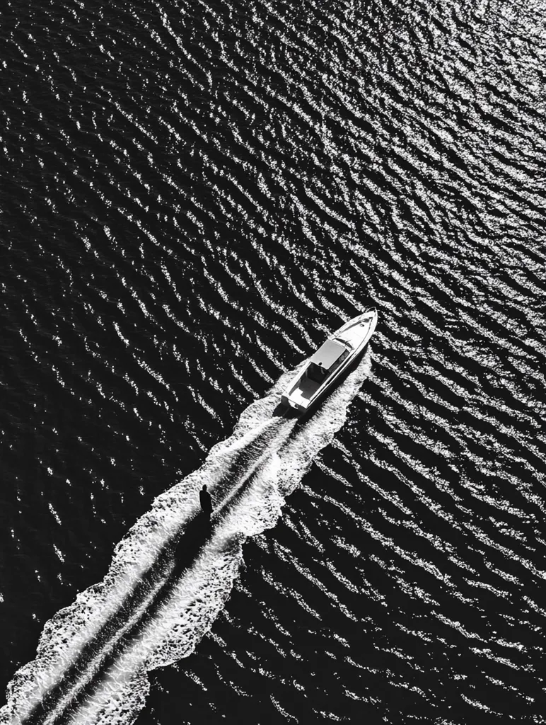 Here's a description of the image:

The high-angle, black and white shot captures a sleek motorboat cutting through dark, rippled water.  A long, foamy wake trails behind it, creating a stark contrast against the dark surface.  A small, silhouetted figure is visible in the boat's wake, adding a sense of scale and solitary journey. The image's monochrome palette enhances the dramatic texture of the water and the boat's elegant form. The overall mood is one of serene isolation and peaceful movement.
