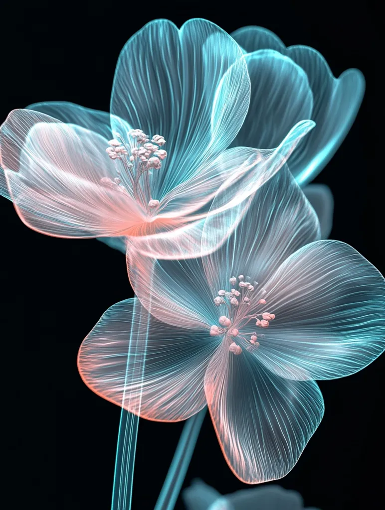 Here's a description of the image:

The image showcases two ethereal flowers against a stark black background.  Their petals are rendered in translucent shades of pale pink and teal, giving the impression of delicate, glowing lines rather than solid form.  The flowers' centers are subtly detailed, with tiny, light-colored stamens visible. The stems are slender and luminous, echoing the ethereal quality of the blossoms.  The overall effect is one of otherworldly beauty and delicate fragility.