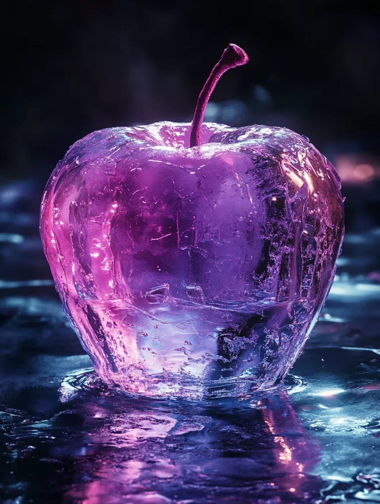 Here's a description of the image:

A single apple, frozen in a block of ice, is the striking centerpiece.  The ice is translucent, revealing the apple's shape within.  The lighting casts an ethereal glow, predominantly purple and pink, creating a surreal and almost otherworldly effect. The icy surface displays intricate textures and patterns. The background is dark and blurred, further emphasizing the frozen apple.  The overall aesthetic is artistic and captivating, blending vibrant color with a chilling subject.