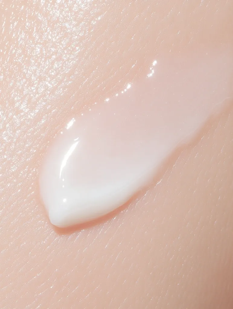 Close-up view of a pearly white cream or lotion textured swatch spread on fair skin. The product appears smooth and slightly glossy, blending seamlessly with the skin's natural tone.  The skin texture is visible, appearing soft and fine. The image focuses on the consistency and application of the cosmetic product, highlighting its luminous quality.