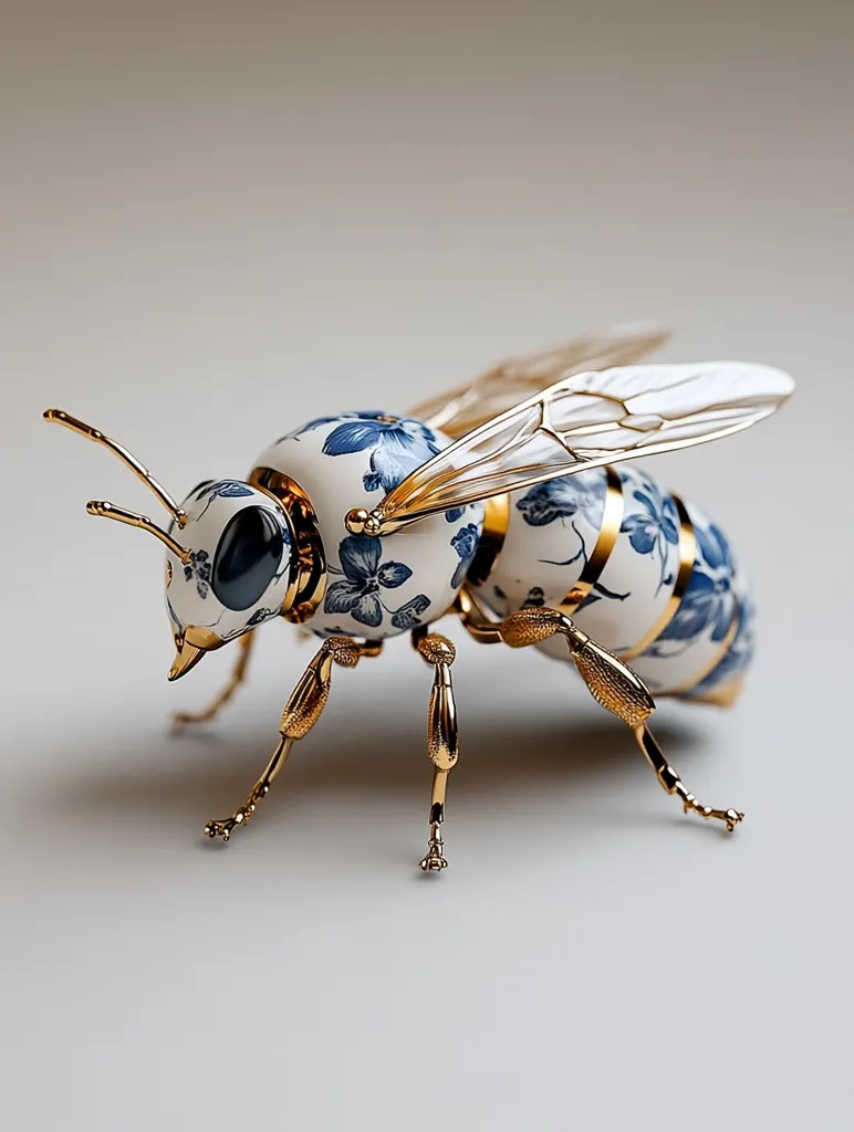 Here's a description of the image:

The image showcases a meticulously crafted bee sculpture. Its body is predominantly white porcelain, adorned with a delicate blue floral pattern reminiscent of chinoiserie.  Gold accents highlight the body segments and legs, which are intricately detailed and appear almost mechanical in their precision.  The wings are translucent and golden, adding a touch of elegance. The overall effect is one of luxurious artistry, blending porcelain craftsmanship with a touch of steampunk aesthetics. The bee is positioned on a plain white surface, drawing full attention to its intricate design.