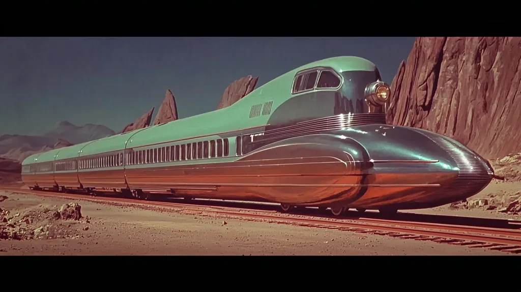 A sleek, futuristic train, predominantly teal and silver, traverses a desolate, reddish-brown landscape.  The train's streamlined design, with a rounded nose and polished metallic body, suggests a sense of speed and modernity.  The backdrop features dramatic rock formations under a pale sky, enhancing the train's otherworldly aesthetic.  The overall image evokes a sense of adventure and a journey into an unknown future.
