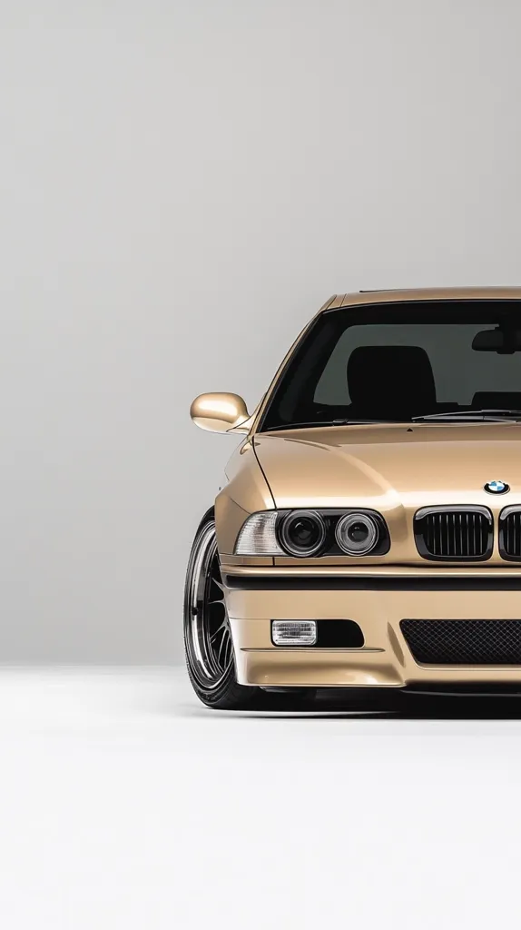 Here's a description of the image:

The image showcases the front of a classic, champagne-gold BMW M3.  The car is presented in a minimalist style against a plain, light grey background.  The focus is sharply on the vehicle's front end, highlighting the sleek lines, iconic headlights, and the blacked-out grille. The car's dark-colored wheels add contrast to its light body.  The overall impression is one of sophistication and timeless automotive design. The image has a clean, studio-quality feel.