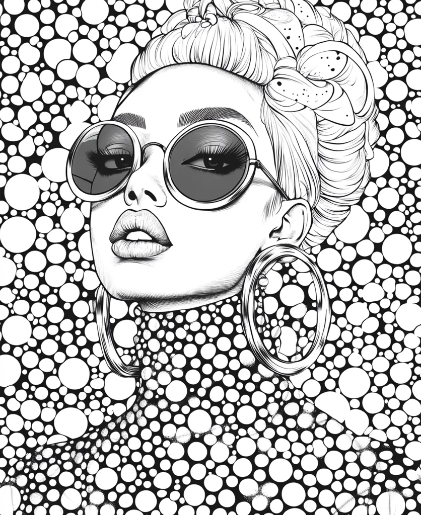 Here's a description of the image:

The image is a black and white line drawing of a stylish woman. She has large, round sunglasses and substantial hoop earrings. Her hair is styled in a high, textured updo. She's wearing a high-necked garment that appears to be covered in a pattern of small, closely packed circles, mirroring the background pattern. The overall style is reminiscent of fashion illustration, with strong lines and a focus on the model's features and attire. The contrast between the black lines and white background is stark and visually striking.