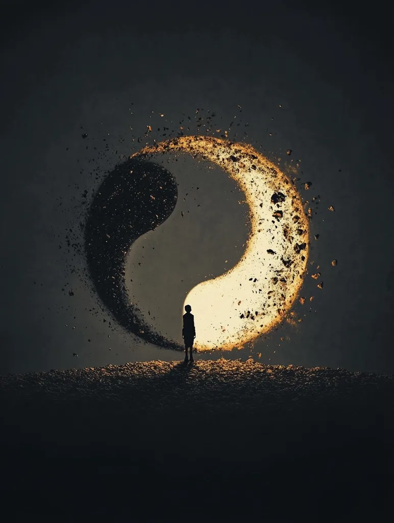 The image depicts a solitary figure silhouetted against a large, swirling Yin and Yang symbol.  The symbol is composed of dark and light elements, appearing as if it's disintegrating or transforming, with particles scattering around it. The figure stands on a dark, textured landscape, seemingly observing the celestial event. The overall mood is one of contemplation, mystery, and the potential for change or balance. The dark background enhances the ethereal quality of the scene.