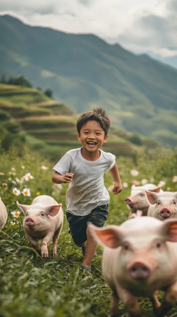 A joyful young boy runs through a verdant field, a flock of pale pink piglets trailing behind him.  The boy's wide smile radiates happiness, his white t-shirt contrasting against the lush green grass and distant, rolling hills. The scene evokes a feeling of rural simplicity and carefree joy, capturing a moment of childlike wonder in a pastoral setting.  The piglets appear playful and unafraid, enhancing the overall idyllic atmosphere.