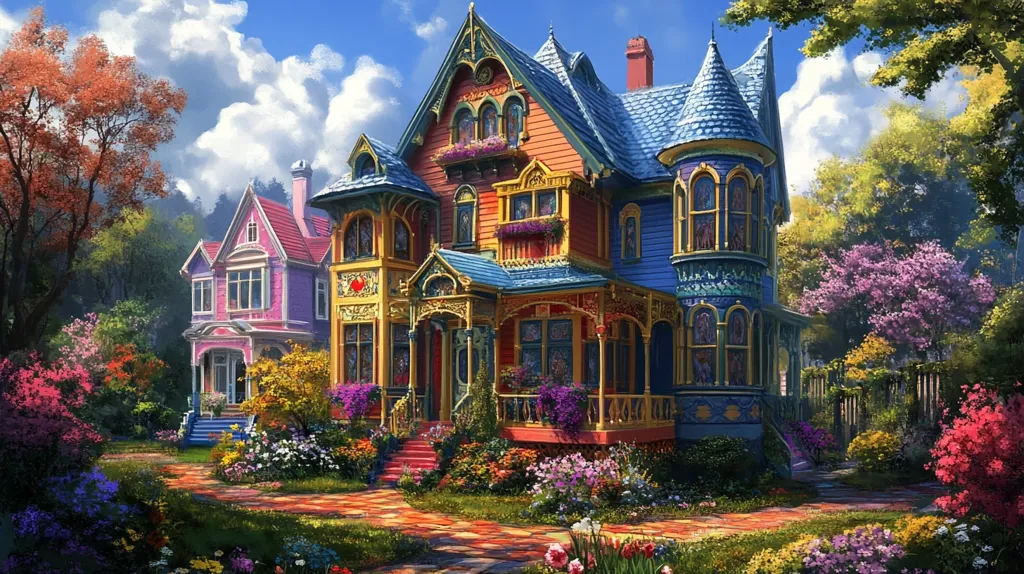 A vibrantly colored Victorian-style house dominates the scene, its façade a mix of orange, blue, and yellow, adorned with intricate details and stained-glass windows.  A smaller pink house sits beside it. Lush gardens brimming with colorful flowers surround the homes, a brick path winding through the blooms.  Mature trees provide shade, creating a picturesque, idyllic neighborhood setting under a partly cloudy sky. The overall style evokes a whimsical, fantasy-like atmosphere.