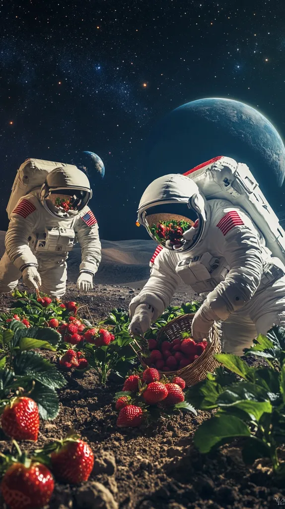 Two astronauts in American-flag-patched suits harvest ripe red strawberries from plants growing on a lunar landscape.  A dark, star-studded sky and a partially visible Earth form a dramatic backdrop. The astronauts are carefully picking strawberries, filling a woven basket. The scene juxtaposes the familiar act of farming with the extraordinary setting of space exploration.  The soil appears dark and rich.
