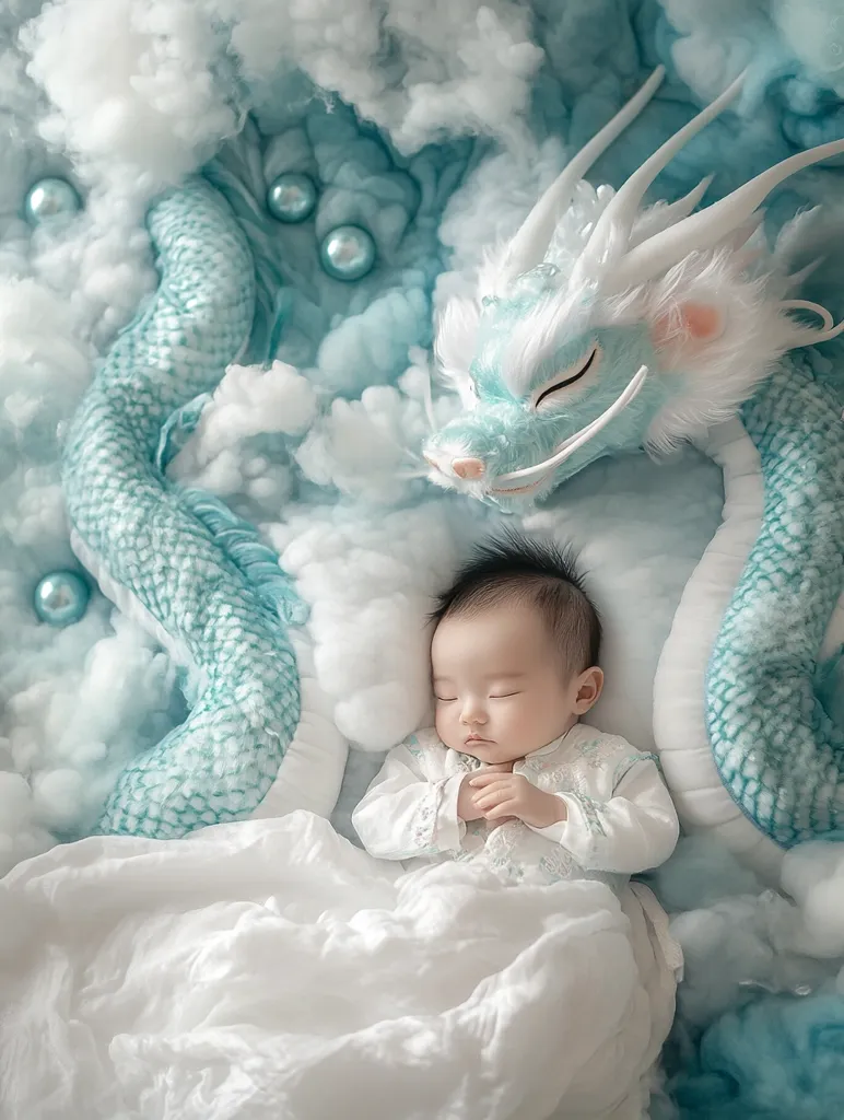 A peacefully sleeping infant, dressed in white, rests nestled amongst fluffy white clouds.  A soft, light-blue dragon toy forms a gentle, curving cradle around the baby.  Delicate, pearl-like ornaments are scattered across the cloud-like bedding, adding to the serene and whimsical scene. The overall image evokes a sense of calm and dreams.