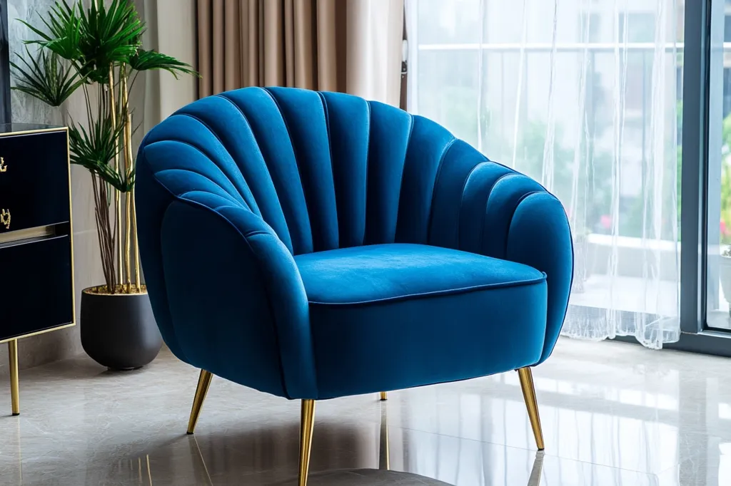 Here's a description of the image:

A vibrant blue velvet armchair, featuring a distinctive shell-shaped design, takes center stage. Its plush upholstery and gold-toned legs add a touch of elegance. The chair is positioned in a bright, modern living space near a large window dressed in sheer curtains.  A dark, sleek side table and a potted plant are visible in the background, completing the sophisticated and stylish setting. The room's flooring is a polished, light-colored material reflecting the chair’s sheen.