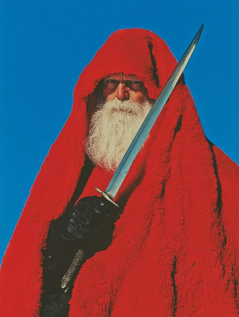 A long-bearded man, possibly Santa Claus, is depicted against a vibrant blue sky. He wears a voluminous, crimson hooded robe that resembles fur.  His expression is stern, and he holds a long, slender silver dagger or sword diagonally across his body with gloved hands. The contrast between his festive attire and the weapon creates a striking and unsettling image.  The overall tone is dramatic and unexpected.