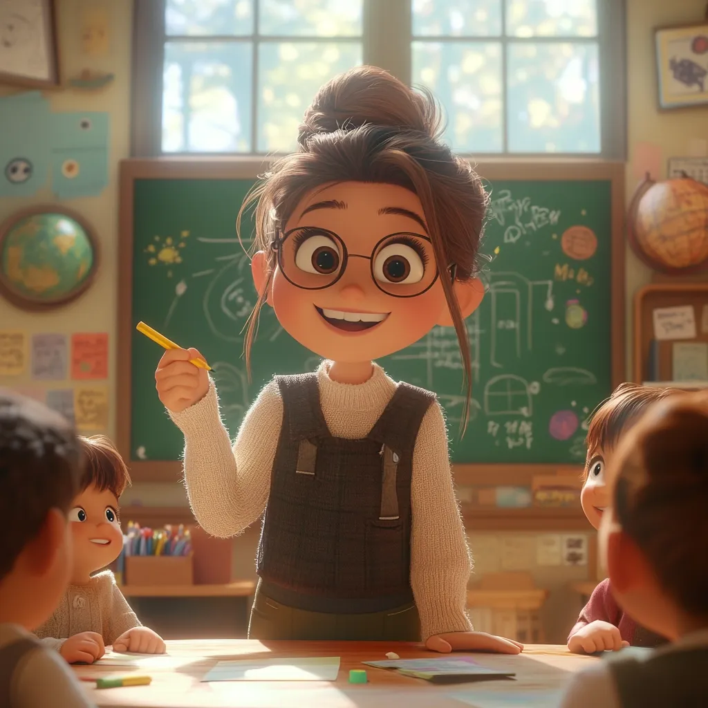 A cheerful, cartoonish teacher with large glasses and a bun stands in a brightly lit classroom, holding a yellow crayon.  She's dressed in a cream sweater and a dark pinafore.  Several children, facing her, sit at a desk, seemingly engaged in a lesson. The classroom features a chalkboard filled with drawings and a globe, creating a warm and inviting atmosphere.  The style is reminiscent of modern, stylized animation.
