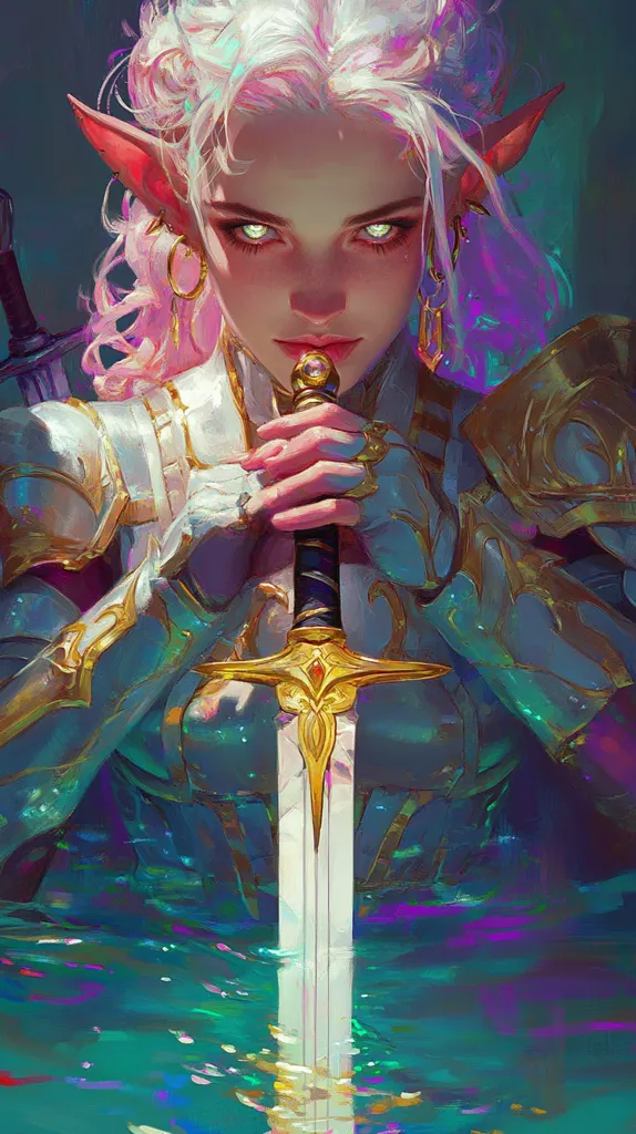 A digital painting depicts a fair-skinned elf woman with long, wavy pink hair and pointed ears. She wears ornate, gold-trimmed armor and holds a sword with a gold hilt and a reflective blade. Her eyes glow with an ethereal light. The elf is partially submerged in iridescent, teal water, which reflects the sword’s light. The overall style is vibrant and fantastical, with a focus on rich color and detail in the armor and the elf’s features. The background is dark and mysterious, adding to the magical aura of the scene.