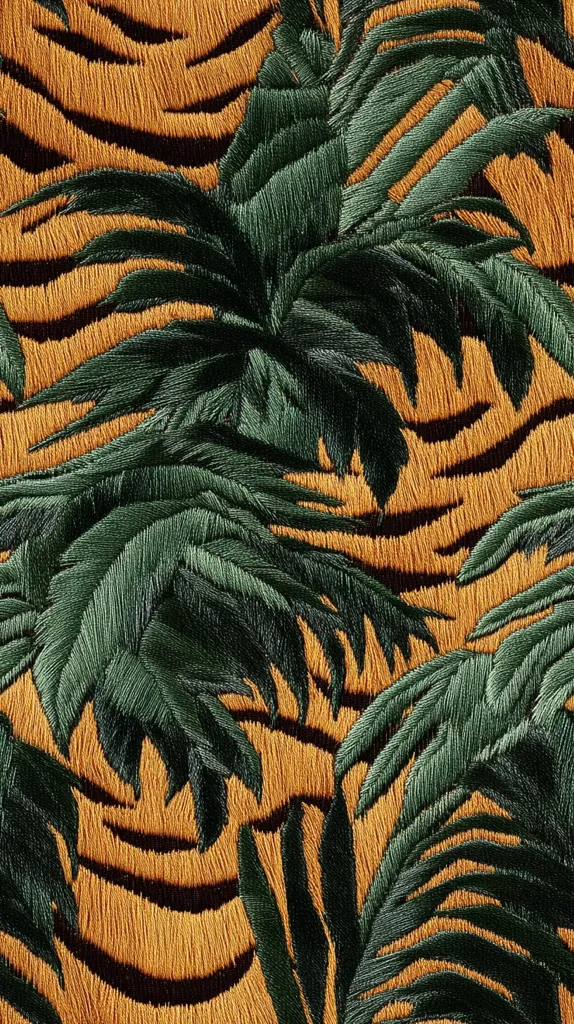 Here's a description of the image:

The image showcases a richly textured fabric featuring intricate embroidery.  A deep gold, tiger-stripe pattern forms the base, overlaid with lush, dark-green embroidered palm fronds.  The contrast between the warm, ochre background and the cool, verdant foliage creates a striking visual effect.  The embroidery is detailed, each frond meticulously stitched, giving the impression of depth and texture. The overall style is bold and exotic, suggesting a tropical or jungle-inspired design.