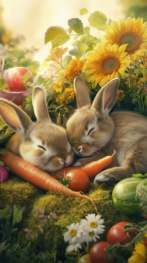Two adorable brown bunnies snuggle together amidst a vibrant garden.  Surrounding them are ripe carrots, tomatoes, a zucchini, and other garden vegetables.  Bright sunflowers and various wildflowers bloom in the sunny backdrop, creating a picturesque, idyllic scene. The bunnies' eyes are closed, suggesting peaceful slumber in their bountiful, natural surroundings. The image is soft and whimsical, evoking feelings of springtime and tranquility.