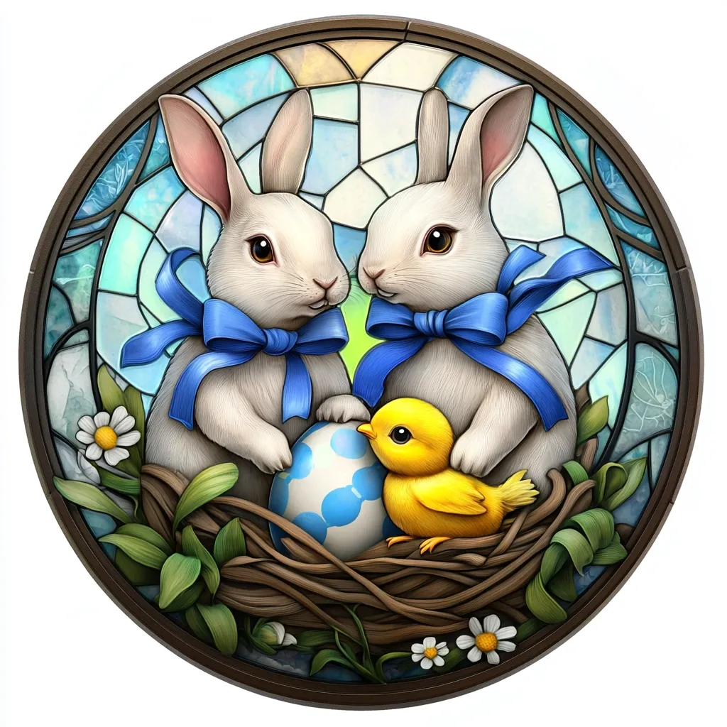 Here's a description of the image:

A circular, stained-glass-style artwork depicts two adorable white bunnies nestled in a bird's nest. Each bunny wears a bright blue bow tie and gently holds a speckled blue Easter egg.  A small, fluffy yellow chick sits beside the egg. Daisies and greenery surround the nest, which is set against a vibrant, pastel blue and white stained-glass background. The overall style is whimsical and charming, evocative of springtime and Easter. The dark brown frame adds a touch of elegance to the piece.