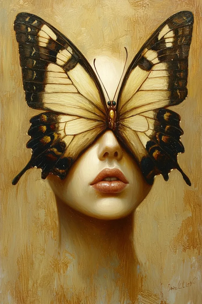 The painting depicts a woman's face partially obscured by a large, exquisitely detailed butterfly.  The butterfly's wings, a creamy yellow with dark brown markings, completely cover her eyes. The woman's expression is serene, her lips softly parted.  The background is a muted, earthy gold tone. The style is realistic, with a focus on texture and subtle shading, creating a sense of both beauty and mystery. The overall mood is contemplative and somewhat ethereal.