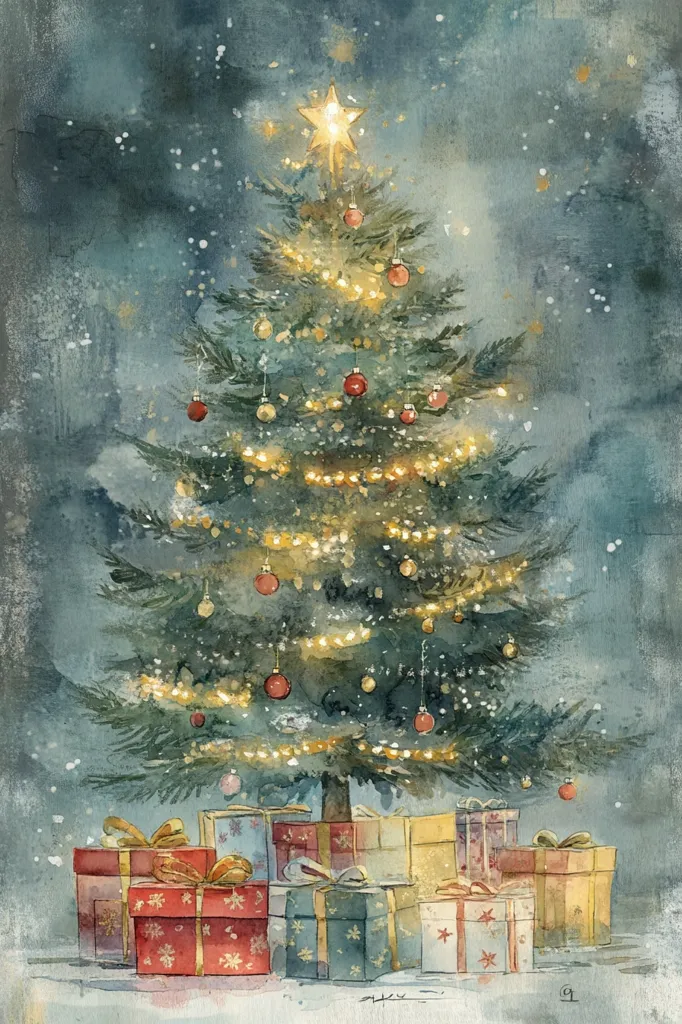 A watercolor painting depicts a Christmas scene. A beautifully decorated Christmas tree, adorned with warm-toned lights and red and gold ornaments, stands at the center.  A star tops the tree.  At its base sits a collection of festively wrapped presents in various sizes and colors, suggesting a feeling of anticipation and joy. The background is a soft, muted blue-grey, reminiscent of a snowy winter night, with gentle snow falling. The overall style evokes a sense of peace and warmth.