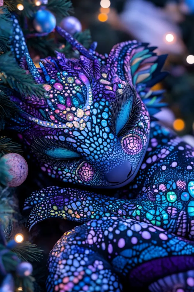 A close-up depicts a fantastical creature, possibly a dragon or mythical beast, nestled amidst a Christmas tree. Its skin is intricately detailed with a mosaic of iridescent blues, purples, and pinks, giving it a jewel-like appearance. The creature's eyes are closed, suggesting sleep or tranquility.  The bokeh effect of the out-of-focus Christmas lights creates a magical, dreamlike atmosphere. The overall impression is one of whimsical beauty and festive charm.