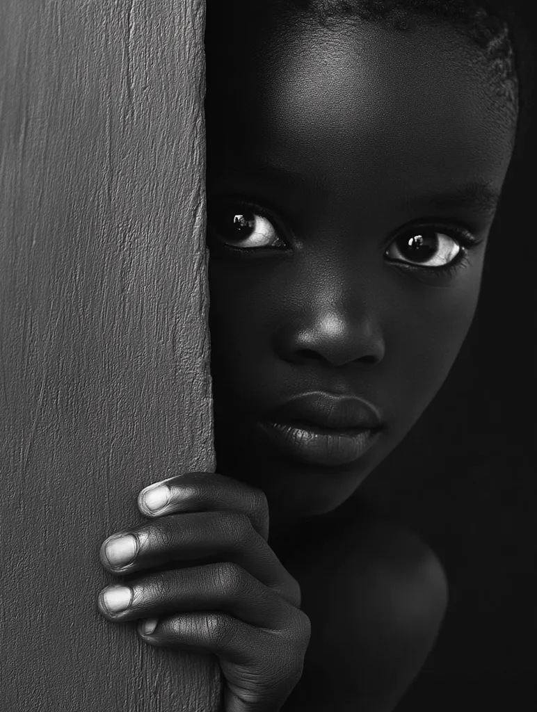 Here's a description of the image:

The black and white photograph features a young Black child, partially hidden behind a textured, dark gray surface. Only the child's face, hand, and a portion of their shoulder are visible. The child's eyes are large and expressive, gazing directly at the viewer with a hint of apprehension or sadness. Their mouth is slightly downturned. The lighting is dramatic, creating strong contrasts and emphasizing the texture of the child's skin and the surface behind them. The overall mood is somber and evocative, suggesting vulnerability and perhaps a sense of concealment or hiddenness.