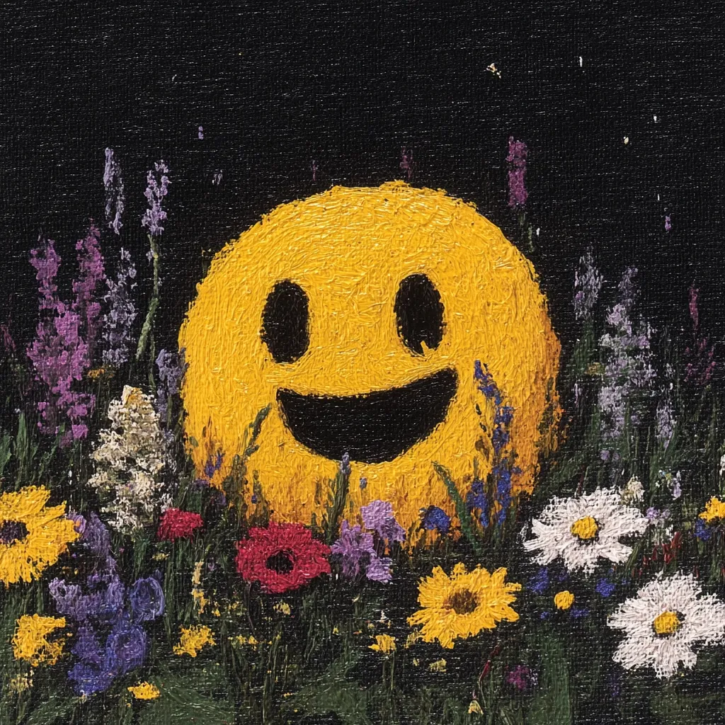 Here's a description of the image:

The painting depicts a large, yellow smiley face nestled within a vibrant wildflower meadow against a dark background. The smiley face is rendered in thick, impasto style, giving it a textured appearance.  The surrounding flowers are diverse, featuring various colors and shapes, including purple wildflowers, yellow sunflowers, white daisies, and red poppies.  The contrast between the bright yellow smiley face and the dark background, along with the colorful flowers, creates a striking visual effect. The overall style suggests a modern interpretation of a naive or folk art approach.