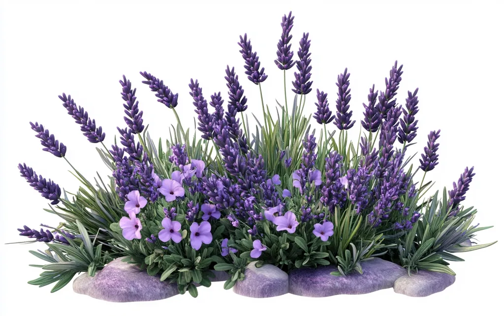 A lush arrangement of lavender plants, nestled amongst smaller, light purple flowers and green foliage, rests on a bed of grey stones.  The lavender stalks rise in varying heights, creating a full and vibrant display. The overall composition is visually appealing, suggesting a tranquil garden scene, isolated against a white background.  The image likely depicts a digitally rendered or meticulously photographed floral arrangement.
