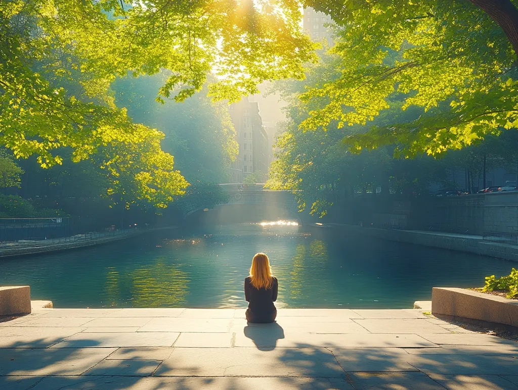 Here is a description of the image:

Sunlight streams through lush green trees lining a calm canal, illuminating a lone woman sitting on a stone embankment. She's facing away, her blonde hair visible, dressed in dark clothing. The tranquil water reflects the light and the buildings in the hazy background. The scene evokes a sense of peace and serenity in an urban setting, possibly a park or waterfront area. The overall mood is calm and reflective.