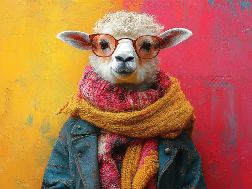 A whimsical portrait of a sheep wearing round, orange-rimmed glasses, a mustard yellow and red plaid scarf, and a dark teal denim jacket. The sheep's face is soft and expressive, looking directly at the viewer against a vibrant yellow and red textured background. The image is stylized, with a painterly quality to the background and a focus on the sheep's charming attire. The overall effect is one of quirky, artistic charm.