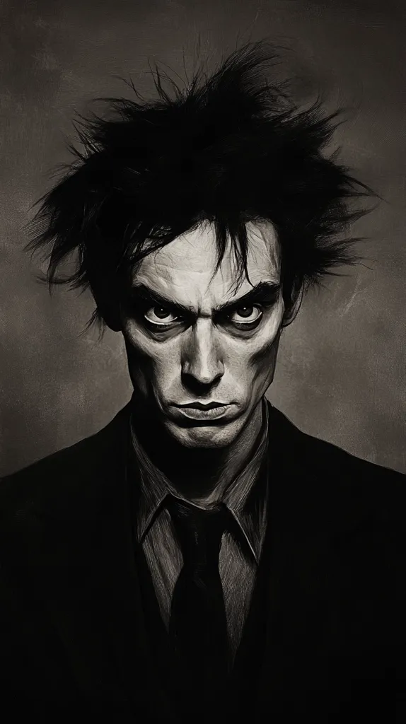 The monochromatic portrait depicts a man with intensely expressive features. His dark, spiky hair contrasts with his pale skin, creating a dramatic effect.  His eyes are narrowed, conveying a sense of suspicion or intensity. The man is dressed in a dark suit and tie, adding to the somber mood of the artwork. The style is reminiscent of a charcoal or pencil sketch, with subtle shading and textural details throughout.  The overall impression is one of brooding mystery.