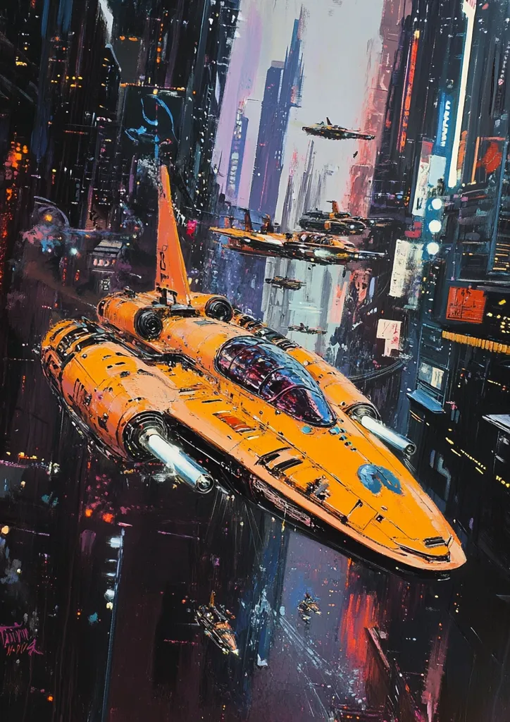 A vibrant, stylized painting depicts a futuristic cityscape at night. A prominent orange spaceship, sleek and detailed, dominates the foreground, soaring through the narrow canyons of towering buildings. Smaller spacecraft are visible in the background, adding depth and scale to the scene. The overall style is dynamic and expressive, with bold brushstrokes and a rich color palette. The city's neon lights and dark shadows contribute to a sense of movement and energy. The artwork suggests a fast-paced, technologically advanced world.