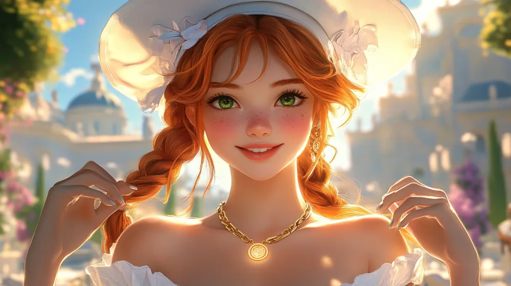 A digital painting depicts a young woman with vibrant red hair styled in a braid. She wears a white sun hat adorned with lace and a gold necklace.  Her freckles and bright green eyes are accentuated by the warm, sunlit background. The setting appears to be a sun-drenched European-style town square with ornate buildings softly blurred in the background.  The overall style is realistic with a touch of anime influence, creating a charming and idyllic scene.