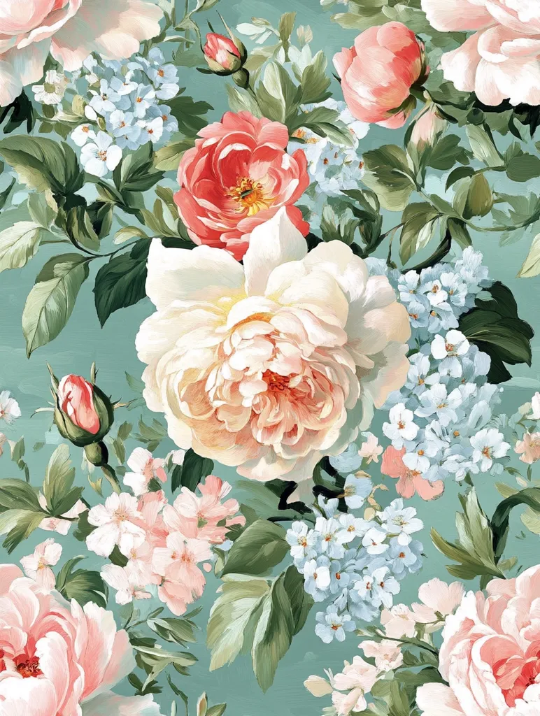 The image is a vibrant floral print featuring a profusion of roses and delicate blossoms against a teal background.  Large, creamy white and blush pink roses are the focal point, surrounded by smaller pink roses, clusters of light blue forget-me-nots, and smaller pink flowers. Lush green foliage weaves between the flowers, creating a dense and richly textured composition. The style is reminiscent of classical oil painting, with visible brushstrokes contributing to a sense of depth and realism.