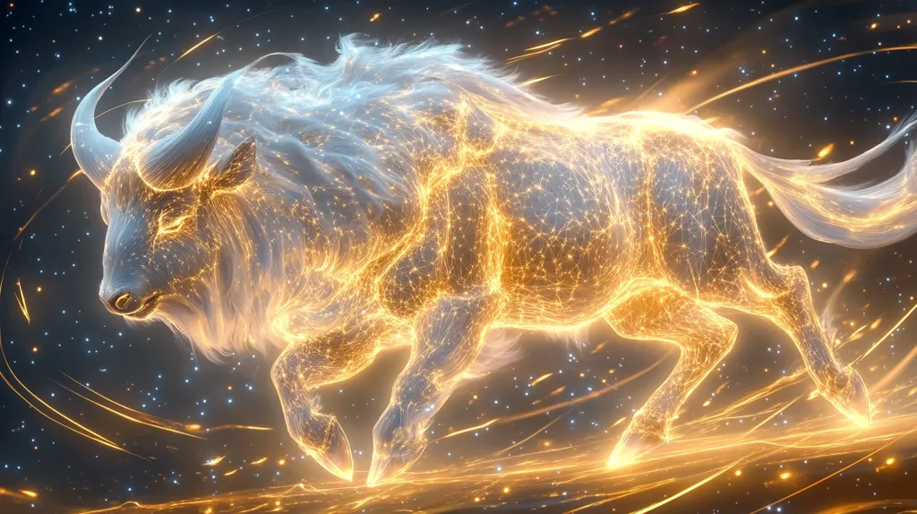 A digital rendering depicts a powerful, white bull in motion. Its body is composed of glowing, interconnected lines of light, primarily gold and white, creating a celestial, ethereal effect. The bull is powerfully built, its musculature subtly defined by the light patterns.  It moves across a dark background sprinkled with stars and streaks of golden light, suggesting speed and energy. The overall impression is one of mythical power and celestial grace.