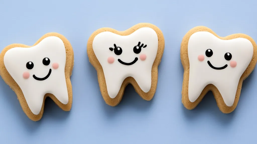 Here's a description of the image:

Three adorable tooth-shaped cookies are arranged in a row against a light blue background.  Each cookie is decorated with white icing to resemble a tooth, featuring simple black eyes, rosy cheeks, and a cheerful smile.  The cookies have a light brown baked edge, contrasting with the bright white icing. The overall impression is playful and related to dental hygiene or children's dentistry.