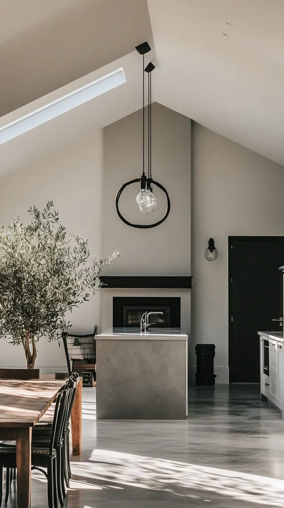 Here's a description of the image:

The image showcases a modern, minimalist kitchen and dining area with high ceilings and a skylight.  Natural light streams in, highlighting a polished concrete floor.  A large concrete island dominates the kitchen, while a wooden dining table sits opposite, partially obscured by black dining chairs.  A simple, circular pendant light fixture hangs centrally above the island.  An olive tree adds a touch of nature, and a fireplace is visible, partially hidden behind the island. The overall aesthetic is clean, spacious, and sophisticated.